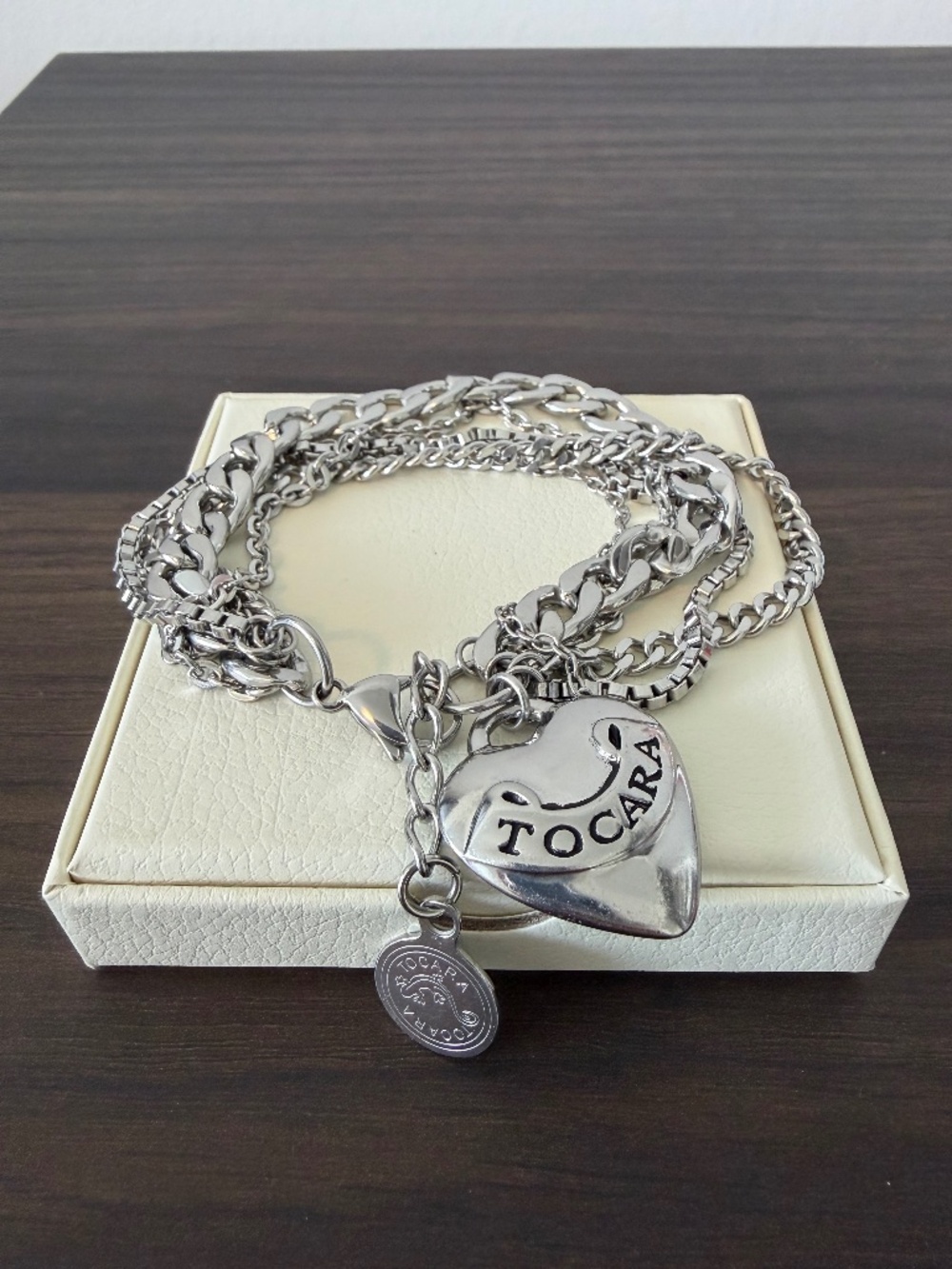 Tocara Silver Tone Link Bracelet with Heart Logo Charms 7 Inch